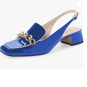 YDN Chain Royal Blue Square Toe Block Low Heels Slingback Formal Loafer Pumps
